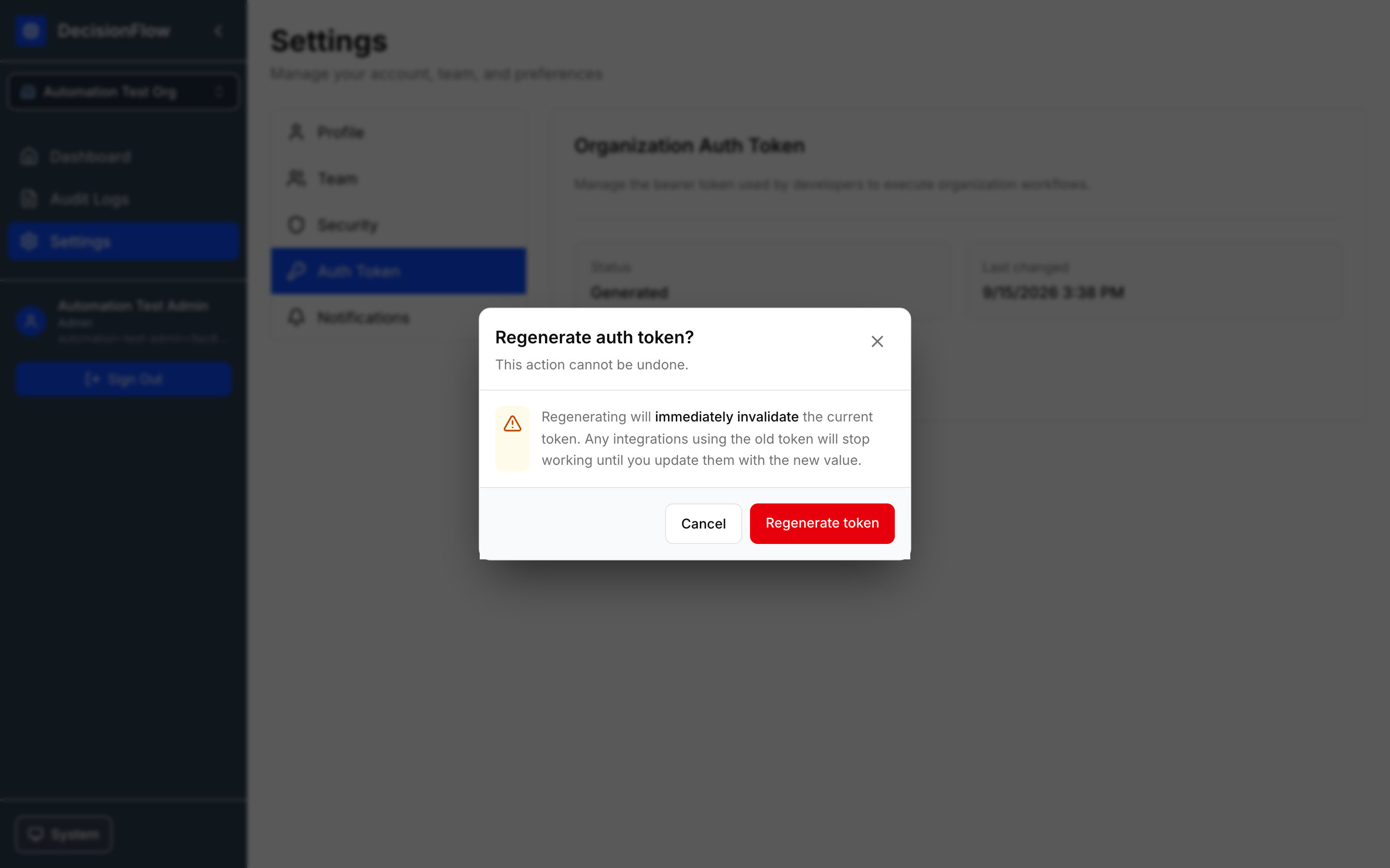 RE-generating Auth Token screenshot