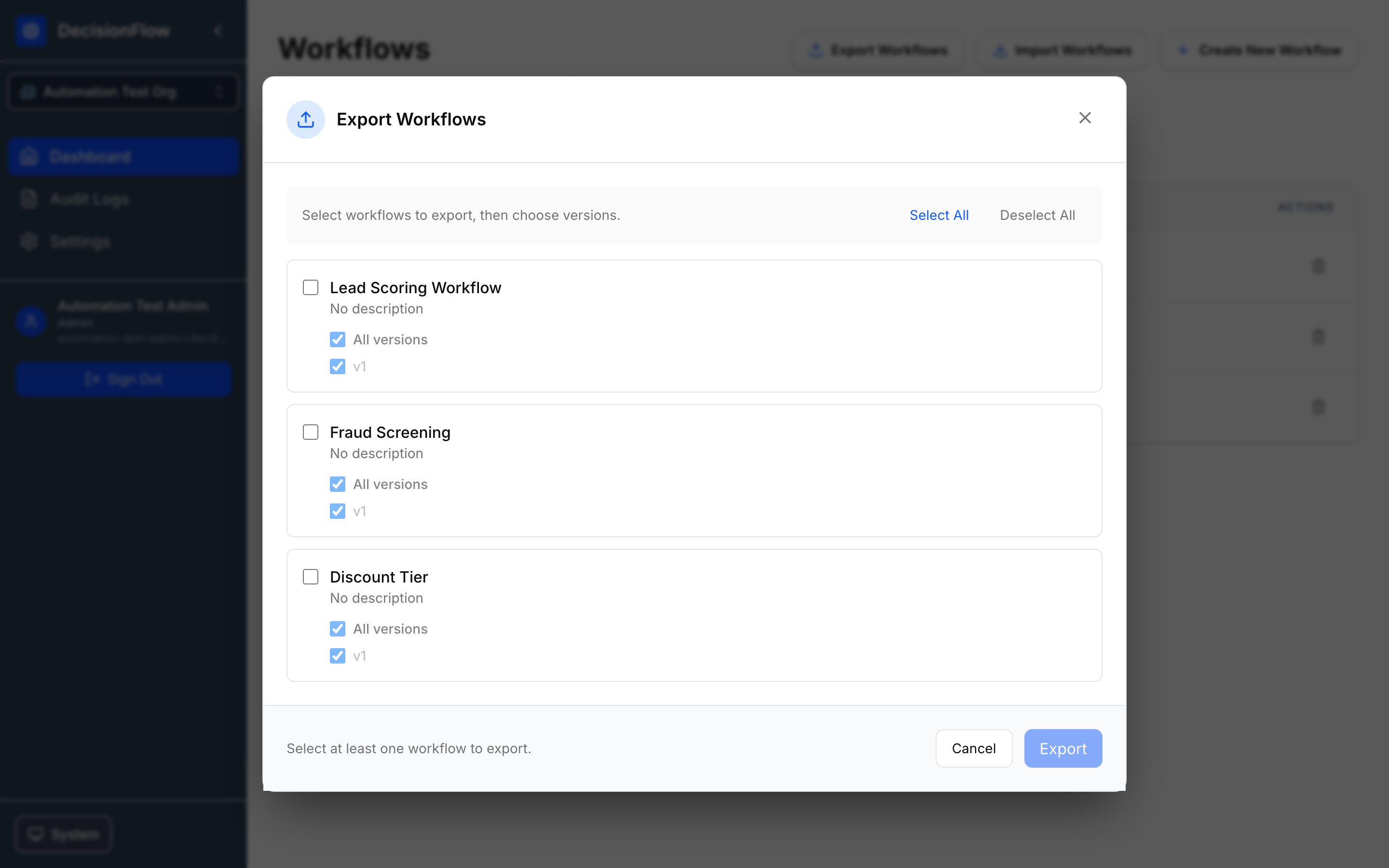 Export Workflows modal