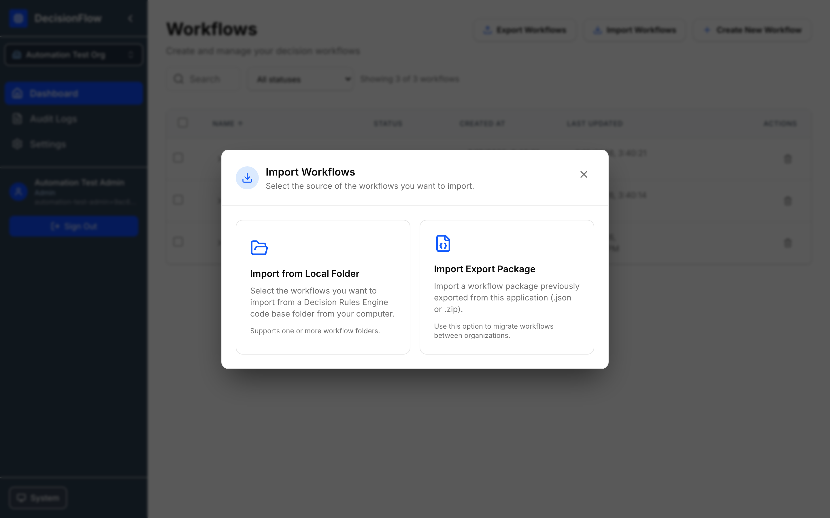 Import Workflows modal